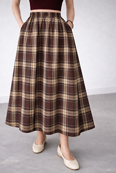 Kahra Collection Brown Plaid Piece Waist Elastic Pocket Pocketed Ble Skirt