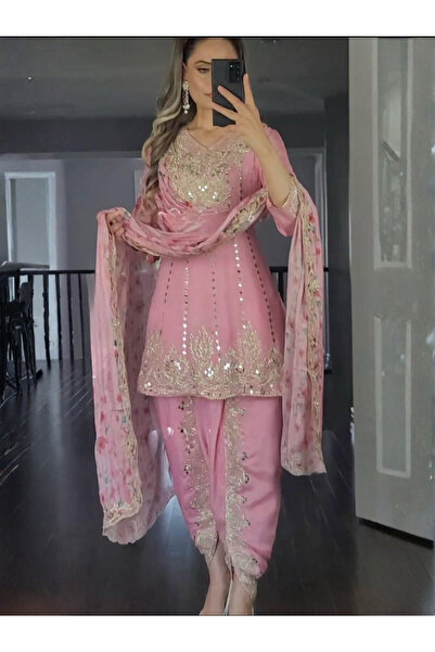 MYSMAR Pink Faux Georgette Top Bottom & Dupatta - FFT3047 | Pink