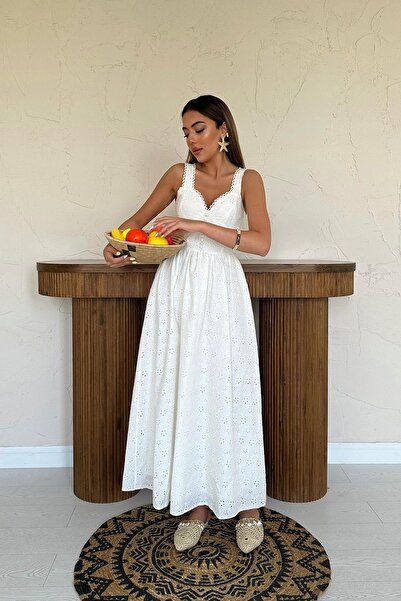 Caddebostan Moda Lace Detailed Grogren Strap Dress Midi Length Eyelet Embroidery