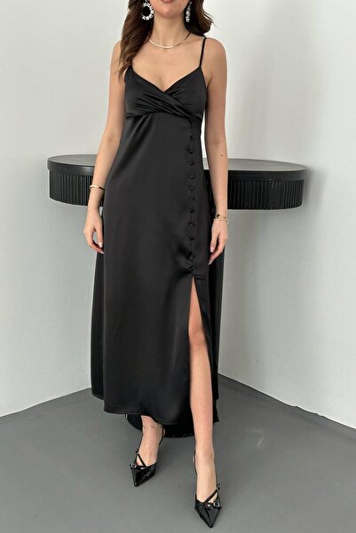 Caddebostan Moda Spaghetti Strap Y Slit Button Detailed Midi Satin Dress