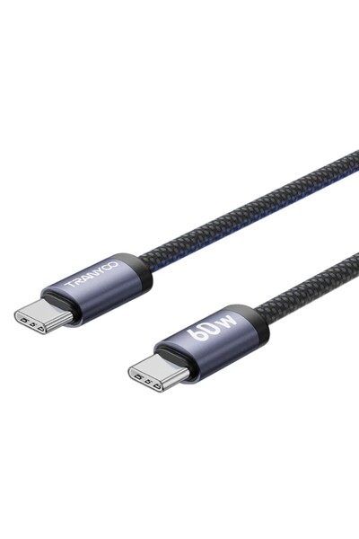 TRANYOO كابل بيانات مضفر من النوع C إلى النوع C بطول 1.2 متر وقوة 100 واط - CC-5