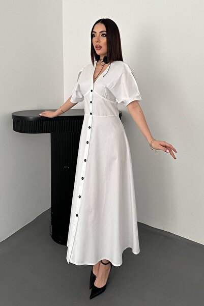 Caddebostan Moda V-Neck Buttoned Poplin Midi Length Flounce Sleeves Backless ...