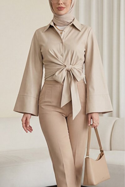 Modamorfo Beli Tie-Detail Spanish Sleeve P Poplin Shirt Blouse -Mink