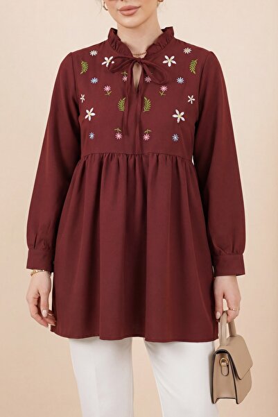 Modamorfo V-Neck Tie-Detail Tunic with Ruffled Collar and Floral Embroidery -...
