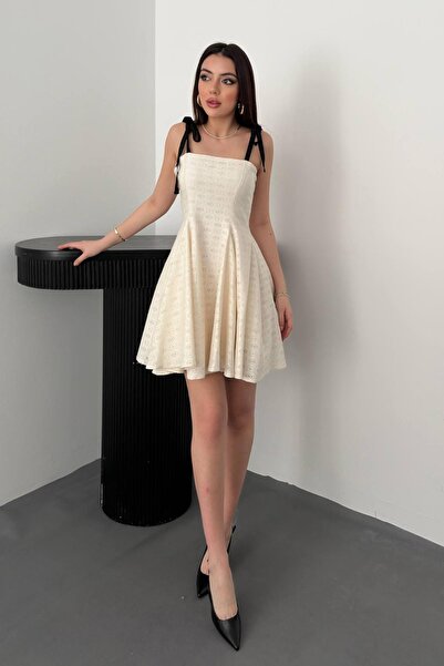 Caddebostan Moda Women's Shoulder Tie Brode Patterned Mini Flared Dress
