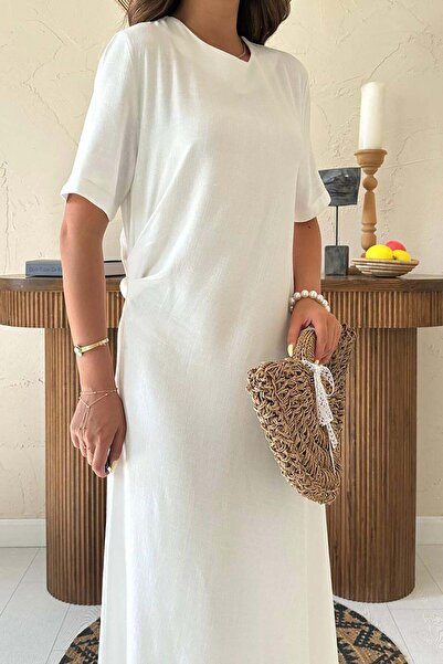 Caddebostan Moda Crew Neck Pleated Short Sleeve Woven Maxi Size Women's Dress