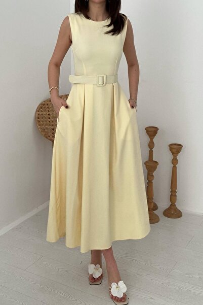 Caddebostan Moda Women's Crew Neck Belt Piece Flared Dress Pocketed Stylish E...