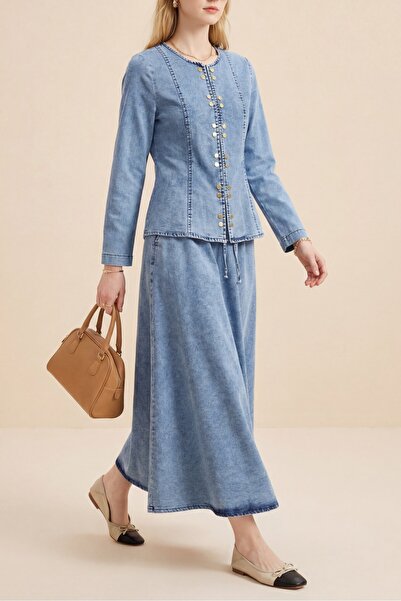 Modamorfo Denim Suit with Snap Fasteners on the Front and Lace-Up Detail on t...