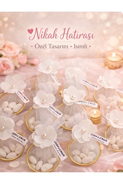 Burcdesigngift Kişiye Özel İsimli Nikah Hatırası – Gold Halkalı Çiçekli Tüllü...