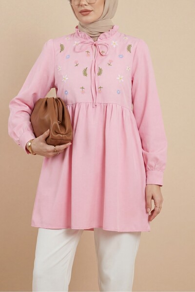 Modamorfo V-Neck Tie-Detail Tunic with Ruffled Collar and Floral Embroidery -...
