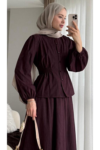 Miraydın Butik طقم تنورة وقميص بخصر مطاطي M25148 - أحمر كلاريت