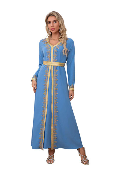Bidani قفطان أزرق سماوي هادئ بتفاصيل شبكية ذهبية