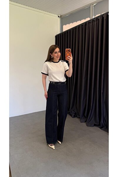 elif teke الواجهة الأمامية بخياطة مزدوجة تفاصيل سلسلة جين باللون الأزرق الداكن