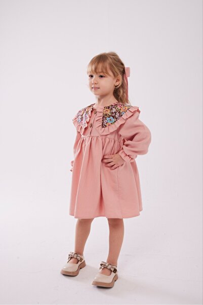 Wind Baby Pembe Çiçek Desenli Fırfır Yakalı Elbise