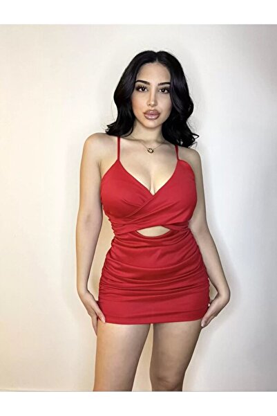 LUMİNUR فستان نسائي أحمر بحزام حبل G فتحة عنق عميقة ميني