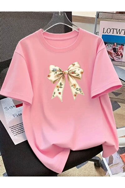 FUFLUNS Flowered Ribbon Printed Unisex Women'S/Men's Oversize Crewneck T-Shirt