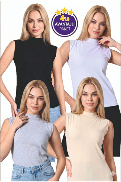 Miamor KADIN SIFIR KOL BALIKÇI YAKA BADİ T-SHIRT 4'lü EKONOMİK PAKET