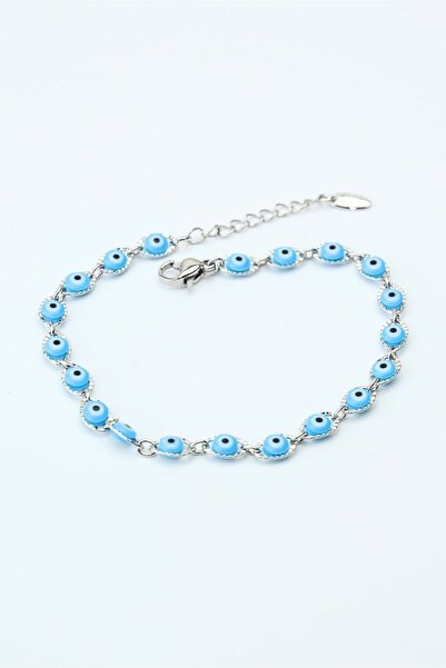 Osha Aksesuar Silver Color Light Blue Evil Eye Beaded Bracelet