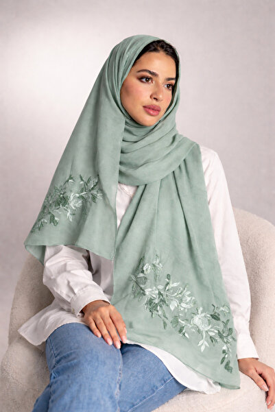 Veil Designer Two-layered green hijab with embroidered roses on both ends, Ja...