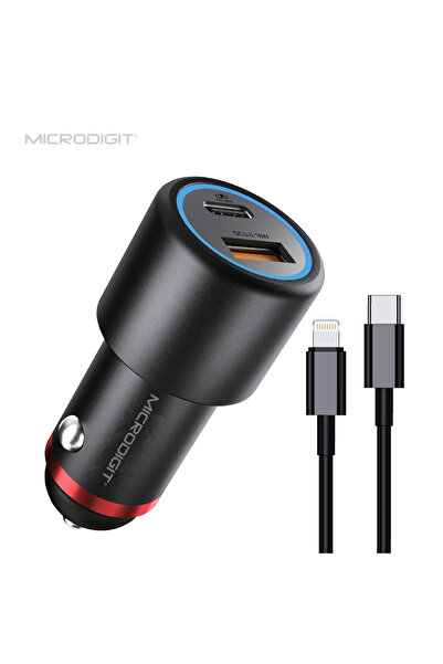 Microdigit 38W PD+QC3.0 Car Charger, With Lightning PD Cable - DCC114i