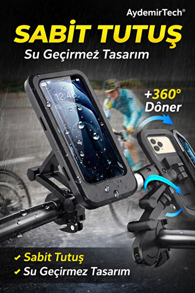 AydemirTech Su Geçirmez Bisiklet Telefon Tutucu 360° Döner Gidon Montajlı Mot...
