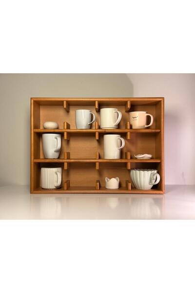 VIVECA %100 Doğal Ahşap Meşe Mug Standı-Modern Minimal Fincan Rafı- 12 Bölmel...