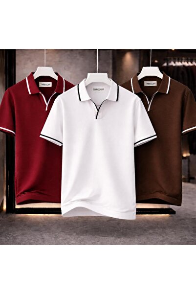 threeoff Men's 3-Piece Polo Collar T-Shirt Set Oversized V-Neck Piped Basic M...