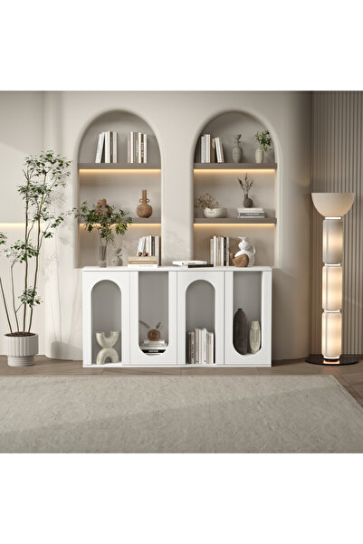 klubeconcept Kemerli Modern Konsol Ünitesi %100 MDF Dekoratif Raflı ve Kapakl...