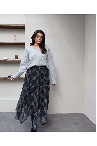 LİFERA Plaid Asymmetrical Chiffon Skirt
