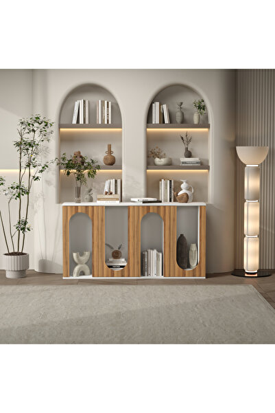 klubeconcept Kemerli Modern Konsol Ünitesi %100 MDF Dekoratif Raflı ve Kapakl...