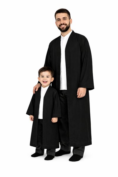 Delikanlı Combination Men's and Children's Prayer Robe, Bukhara Collar, Black Long Islamic Imam Robe Costume