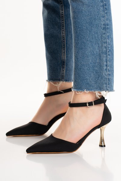 HAYAT SHOES Women's Black Banded Satin Stiletto Heel U Stylish Comfortable 7.5cm Shoes Stiletto