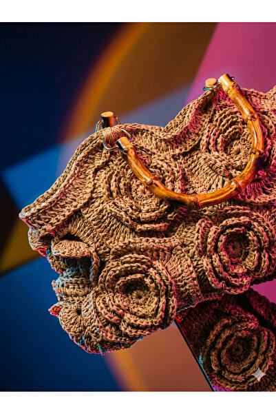 Şirin Hediyelik Handmade Rose Detailed Women's Clutch Bag Bamboo Strappy