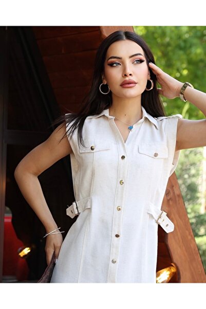 Bibedenstil Kadın krem bej %100 pamuk keten ZR model elbise kemerli gömlek ya...