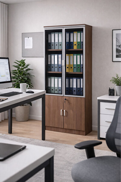 MARIA HOMES Modern Light Brown Storage Cabinet Glass Display Doors Wooden Off...