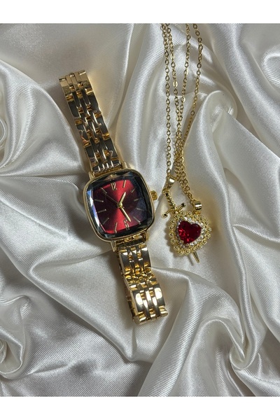 Mihristore Bordo Kadın Saat Ve Kolye Seti Hediyelik Set Kalp Kolye Set