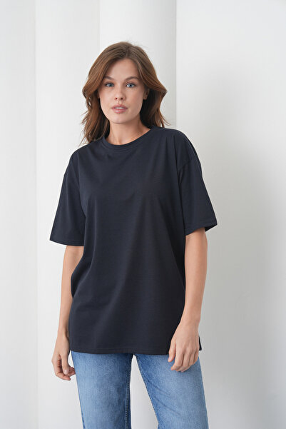 caddekombin Acacia Women's 100% Cotton Navy Blue Basic Round Neck T-Shirt