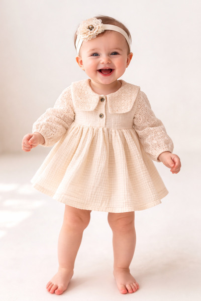 İZYALİF BABY Kız Bebek Çocuk Müslin Kumaş Dantel Yakalı Örme Kollu Pamuklu 2l...