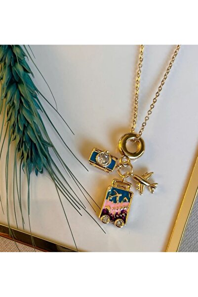 Elvia Atelier Çelik Zincirli Altın Kaplama Uçak Dünya ve Harfli Charm Tasarım...