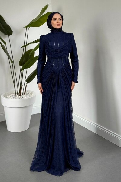 MERVEN AKYÜZ Juliet Noir Korse Detay Dantel Abiye Lacivert