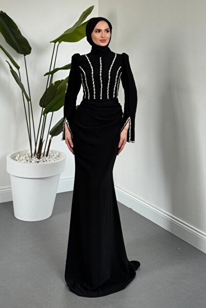 MERVEN AKYÜZ Shabira Taşlı Krep Balık Abiye Siyah