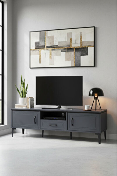 MARIA HOMES Sleek Dark Grey TV Table with Storage Drawers and Open Shelf