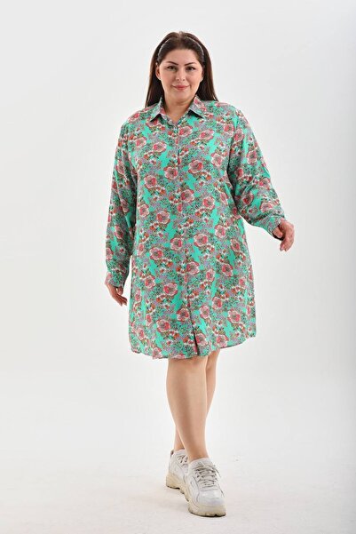 Polologin Butik Рокля с флорален принт в голям размер - ментово зелено