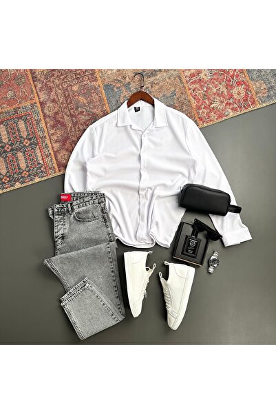 tiggir moda Men's Corded Fabric Fabric Shirt and Denim Pants 2-Piece Set