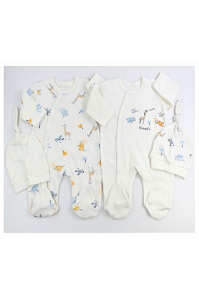 Minisse Unisex Bebek 0-3 Ay 3-6 Ay Fil Baskılı 4 Parça Patikli 2’li Şapkalı T...