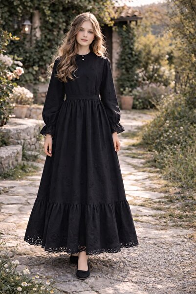 Tarz Çocuk 11-14 Years Old Girl Black Eyelet Embroidery Detailed Hijab Compat...