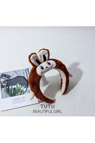 facnspt Labubu Plush Crown – Cute Monster Hair Band (Dark Brown)