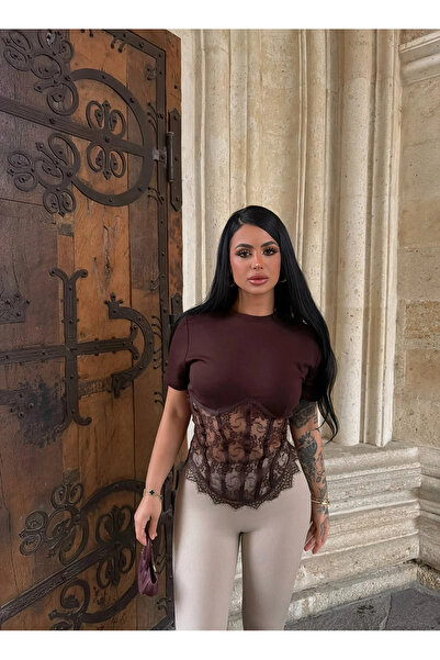 kırmızı butiks Καφέ μπλουζάκι κορσέ με κορδόνια