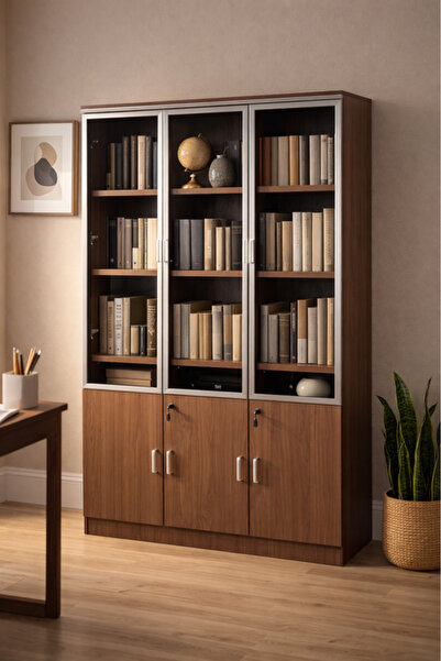 MARIA HOMES Modern Large Office Storage Cabinet 3 Glass Doors 3 Wood Doors Lo...