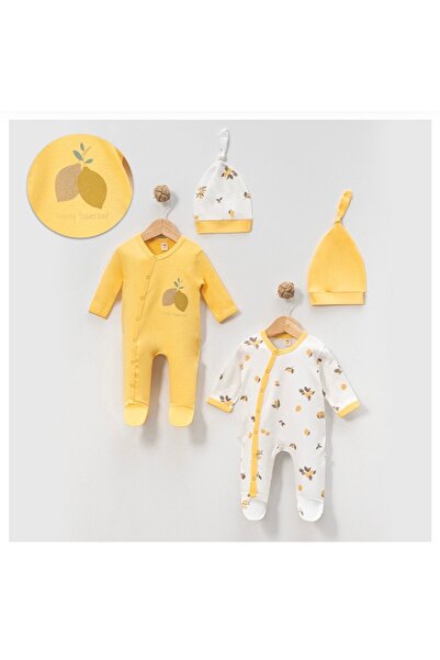 Minisse Unisex Bebek 0-3 Ay 3-6 Ay Limon Baskılı 4 Parça Şapkalı 2’li Tulum Seti